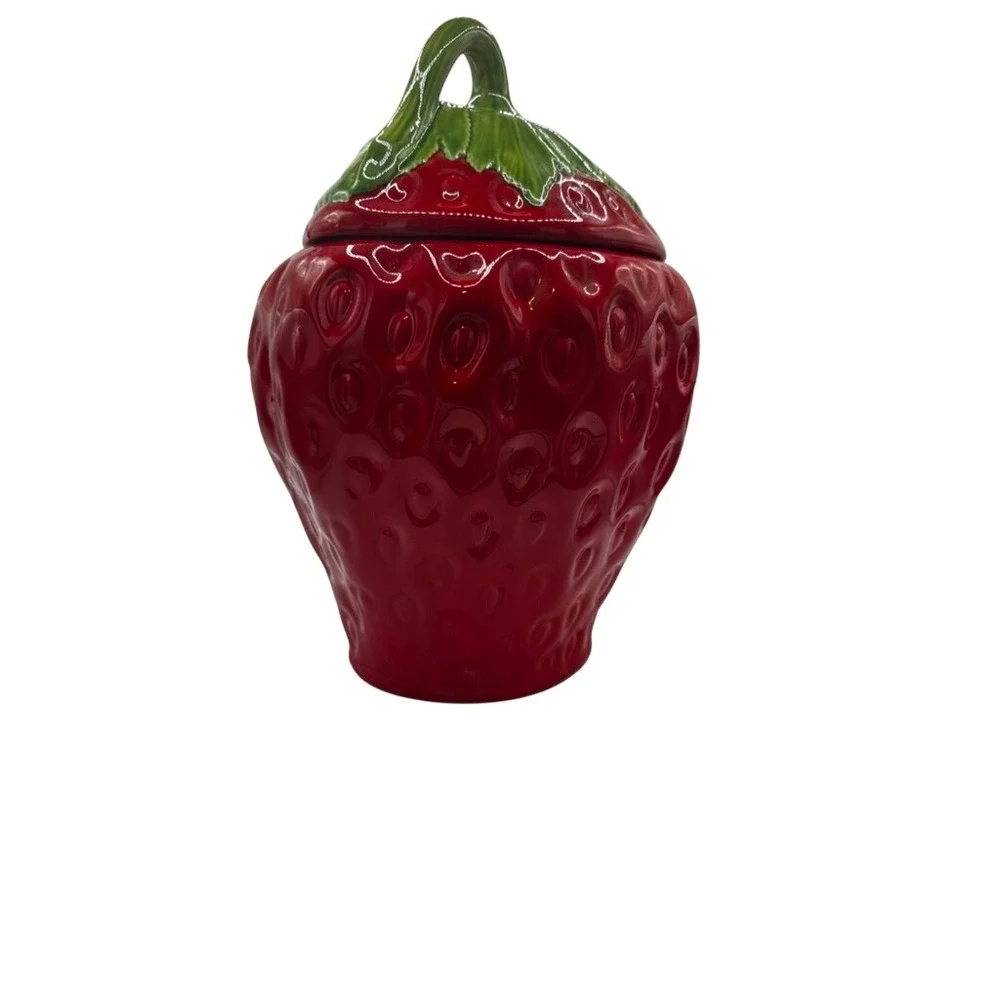 Vintage Style Red Strawberry Ceramic Cookie Jar Kitchen Canister with Lid